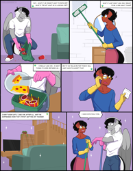 Size: 2048x2643 | Tagged: safe, artist:shallowwin, oc, oc only, oc:benjamin terrance tover, oc:sound shock, earth pony, anthro, comic:one special night, anthro oc, cleaning, comic, commission, dialogue, earth pony oc, gay, male, oc x oc, romance, romantic, shipping, stallion on stallion