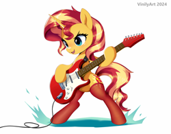 Size: 2340x1823 | Tagged: safe, artist:vinilyart, sunset shimmer, pony, unicorn, g4, bipedal, clothes, electric guitar, female, guitar, high res, horn, mare, musical instrument, open mouth, open smile, signature, simple background, smiling, socks, solo, stockings, sunset shredder, thigh highs, white background