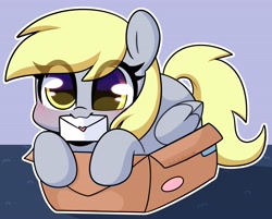 Size: 3082x2481 | Tagged: safe, artist:sakukitty, derpy hooves, pegasus, pony, g4, blushing, box, cute, derpabetes, eye clipping through hair, female, folded wings, heart, high res, if i fits i sits, letter, looking at you, love letter, mare, mouth hold, outline, pony in a box, signature, solo, weapons-grade cute, white outline, wings