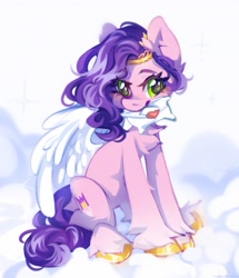 Size: 2201x2560 | Tagged: safe, artist:vanilla-chan, pipp petals, pegasus, pony, g5, adorapipp, blushing, chest fluff, cloud, cute, daaaaaaaaaaaw, eye clipping through hair, eyebrows, eyebrows visible through hair, female, fluffy, heart, high res, leg fluff, letter, looking at you, love letter, mare, mouth hold, on a cloud, signature, sitting, sitting on a cloud, solo, unshorn fetlocks, weapons-grade cute, wings