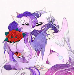 Size: 2497x2507 | Tagged: safe, artist:krissstudios, oc, oc only, pegasus, pony, unicorn, bouquet, female, flower, horn, mare