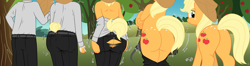 Size: 3742x984 | Tagged: safe, artist:redpaladin, applejack, earth pony, human, pony, applebutt, applejack's hat, butt, butt expansion, butt freckles, clothes, cowboy hat, female, freckles, growth, hat, human to pony, male to female, mare, pants, plot, rear view, ripping clothes, rule 63, transformation, transformation sequence, transgender transformation
