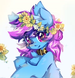 Size: 1977x2048 | Tagged: safe, artist:vanilla-chan, oc, oc only, oc:nohra, earth pony, pony, blushing, chest fluff, collar, commission, ear fluff, earth pony oc, eyebrows, eyebrows visible through hair, female, flower, flower in hair, high res, looking at you, mare, signature, smiling, smiling at you, solo