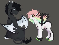 Size: 2048x1576 | Tagged: safe, artist:mieuwk, oc, oc only, bat pony, pegasus, pony, bat pony oc, duo, female, looking at each other, looking at someone, male, mare, pegasus oc, smiling, stallion