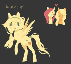 Size: 917x830 | Tagged: safe, artist:squilko, oc, oc:buttercup, pegasus, pony, g4, gray background, magical lesbian spawn, offspring, parent:applejack, parent:fluttershy, parents:appleshy, pigtails, simple background, yellow coat, yellow mane