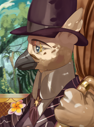 Size: 2340x3150 | Tagged: safe, artist:fly over, griffon, equestria at war mod, bust, clothes, facial hair, flower, forest, hat, jungle, male, moustache, nature, necktie, portrait, scepter, suit, top hat, tree