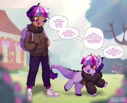 Size: 1542x1250 | Tagged: safe, artist:riukime, oc, oc only, oc:jinx, draconequus, human, hybrid, pony, colored sclera, cute, dialogue, draconequus oc, duality, female, filly, foal, human ponidox, humanized, humanized oc, interspecies offspring, ocbetes, offspring, open mouth, open smile, parent:discord, parent:twilight sparkle, parents:discolight, self paradox, self ponidox, smiling, speech bubble, yellow sclera
