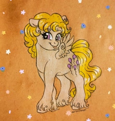 Size: 1522x1600 | Tagged: safe, artist:dariarchangel, surprise, pegasus, pony, g1, curly hair, female, mare, pencil drawing, small wings, smiling, solo, spread wings, traditional art, wings