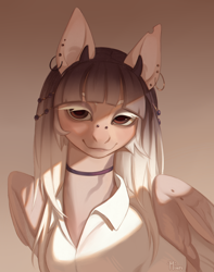 Size: 3000x3800 | Tagged: safe, artist:miurimau, oc, oc only, pegasus, pony, bridge piercing, bust, clothes, ear piercing, earring, female, gradient background, high res, horns, jewelry, lidded eyes, looking at you, mare, piercing, shirt, smiling, smiling at you, solo