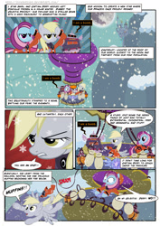 Size: 1273x1800 | Tagged: safe, artist:pixelkitties, derpy hooves, star swirl, earth pony, pegasus, pony, comic:my little sunshine, g4, canterlot, clothes, comic, duo, duo female, female, hot air balloon, mare, moon, nuclear weapon, snow, snowfall, uniform, weapon