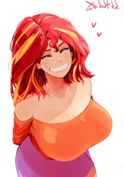 Size: 1400x2000 | Tagged: safe, artist:sozglitch, sunset shimmer, human, g4, arm behind back, big breasts, breasts, busty sunset shimmer, eyes closed, female, grin, heart, high angle, huge breasts, humanized, looking at you, simple background, smiling, smiling at you, solo, white background