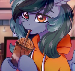 Size: 1200x1143 | Tagged: safe, artist:stesha, oc, oc only, oc:scrimmy, bat pony, bubble tea, cafe, clothes, commission, cute, drink, drinking, ear fluff, holding, hoodie, male, sitting, solo, ych result