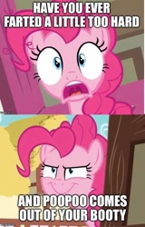 Size: 336x524 | Tagged: safe, edit, edited screencap, screencap, pinkie pie, earth pony, pony, g4, caption, evil grin, female, grin, image macro, imgflip, implied farting, implied pooping, mare, meme, op is a duck, open mouth, shart, shocked, shocked expression, smiling, solo, text