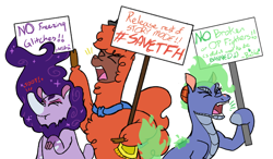 Size: 1200x700 | Tagged: safe, artist:aj flame ss6, baihe (tfh), nidra (tfh), oc, oc:sweet roll (tfh), alpaca, dragon, hybrid, longma, tapir, them's fightin' herds, #savetfh, cloven hooves, community related, female, protest, screaming, signs, simple background, text, tfh oc, toot, white background