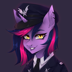Size: 1500x1500 | Tagged: safe, artist:serodart, oc, oc only, oc:lina phantom, unicorn, equestria at war mod, alternate timeline, bust, clothes, commission, ear fluff, ear piercing, female, hat, horn, looking at you, military, military uniform, nightmare takeover timeline, not twilight sparkle, officer, piercing, portrait, smiling, smiling at you, solo, uniform, uniform hat