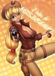 Size: 2181x3000 | Tagged: safe, artist:x-nekopunch-x, applejack, human, g4, 2011, apple, belt, breasts, busty applejack, cleavage, clothes, commission, cowboy hat, crossover, female, firefly (series), food, fruit, gun, hat, humanized, looking at you, old art, one eye closed, pants, solo, stetson, weapon, wink