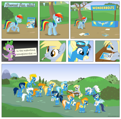 Size: 6000x5874 | Tagged: safe, artist:larsurus, blaze, derpy hooves, fire streak, fleetfoot, high winds, lightning streak, misty fly, rainbow dash, silver lining, silver zoom, soarin', spike, spitfire, surprise (g4), wave chill, dragon, pegasus, pony, g4, absurd resolution, autograph, comic, female, first fleetfoot image on derpibooru, hair lock, male, mare, mouth drawing, mouth hold, pen, photoshop, scissors, spread wings, stallion, wings, wonderbolts