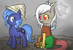 Size: 1300x900 | Tagged: dead source, safe, artist:speccysy, discord, princess luna, alicorn, draconequus, pony, g4, adoreris, cartographer's cap, cute, duo, eris, female, filly, foal, hat, paper hat, rule 63, rule63betes, woona, younger