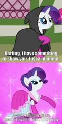 Size: 500x1004 | Tagged: safe, edit, edited screencap, screencap, rarity, g4, too many pinkie pies, caption, clothes, dress, image macro, imgflip, talking to viewer, text
