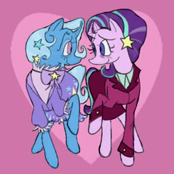 Size: 540x540 | Tagged: safe, artist:weebitpsychic, starlight glimmer, trixie, pony, unicorn, g4, the last problem, female, horn, lesbian, looking at each other, looking at someone, older, older starlight glimmer, older trixie, raised hoof, ship:startrix, shipping, smiling, smiling at each other