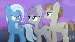 Size: 3840x2160 | Tagged: safe, artist:starry swirl, maud pie, mudbriar, trixie, earth pony, pony, unicorn, g4, my little pony: friendship is magic, student counsel, female, horn, male, mare, scene interpretation, stallion, trio