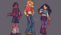 Size: 2048x1200 | Tagged: safe, artist:beeturtlle, applejack, rarity, twilight sparkle, human, g4, applejack's hat, bandana, belt, blonde hair, blue eyes, blushing, boob window, book, boots, bracelet, clothes, colored eyebrows, cowboy hat, cutie mark on clothes, dark skin, denim, ear piercing, earring, eyebrows, eyebrows visible through hair, eyelashes, eyeshadow, female, freckles, frown, gesture, glasses, gray background, green eyes, hand in pocket, hand on hip, hat, holding book, hoodie, humanized, jacket, jeans, jewelry, leggings, lidded eyes, light skin, lipstick, looking at someone, looking down, makeup, multicolored hair, pants, pencil, pencil in hair, piercing, ponytail, purple hair, purse, raised hand, shirt, shoes, short shirt, signature, simple background, skirt, smiling, straight hair, tall, trio, trio female, wavy hair