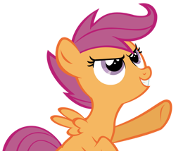 Size: 900x771 | Tagged: safe, artist:ns4j19y, scootaloo, pegasus, pony, g4, female, filly, foal, juxtaposition bait, looking up, magenta hair, magenta mane, orange body, orange coat, orange fur, orange pony, orange wings, pointing, purple eyes, raised hoof, simple background, solo, transparent background, wings
