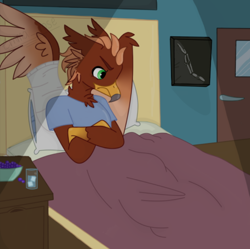 Size: 724x720 | Tagged: safe, artist:emma_rose, oc, oc only, oc:pavlos, griffon, bandage, beak, bed, broken bone, broken wing, cast, cheek fluff, claws, clothes, colored wings, commission, eared griffon, griffon oc, grumpy, hospital, hospital gown, injured, male, non-pony oc, solo, tail, wing fluff, wings, x-ray picture