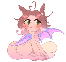 Size: 1402x1337 | Tagged: safe, artist:sinamuna, oc, oc only, oc:cinnamon fawn, bat pony, hybrid, pony, ahoge, bat wings, blushing, brown hair, chinchilla pony hybrid, ear fluff, ear tufts, fangs, freckles, gradient mane, green eyes, hazel eyes, long ears, pink hair, shiny mane, short hair, simple background, sitting, slit pupils, smiling, solo, sparkly wings, transparent background, wings