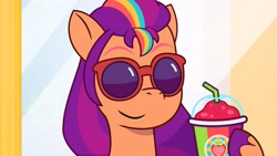 Size: 3410x1920 | Tagged: safe, edit, edited screencap, screencap, sunny starscout, earth pony, pony, g5, my little pony: tell your tale, the game is ahoof, drink, female, high res, mane stripe sunny, mare, smiling, smoothie, solo, sunglasses