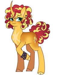 Size: 1283x1686 | Tagged: safe, artist:monochrome-sunsets, sunset shimmer, pony, unicorn, g4, alternate design, alternate hairstyle, cloven hooves, curly hair, curly mane, curly tail, curved horn, ear piercing, earring, freckles, horn, jewelry, markings, piercing, simple background, solo, stars, tail, transparent background