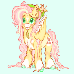 Size: 2048x2048 | Tagged: safe, artist:daisybreezy, fluttershy, earth pony, pegasus, g4, bandana, blue background, cloven hooves, coat markings, colored hooves, colored pupils, cute, female, flower, flower in hair, high res, looking at you, mare, open mouth, open smile, shyabetes, simple background, smiling, smiling at you, solo, unshorn fetlocks