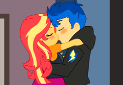 Size: 3000x2065 | Tagged: safe, artist:qsky, flash sentry, sunset shimmer, human, equestria girls, g4, blushing, clothes, eyes closed, female, hoodie, jacket, kissing, male, ship:flashimmer, shipping, straight