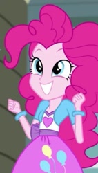 Size: 357x628 | Tagged: safe, pinkie pie, human, equestria girls, g4, shake your tail, arms, bracelet, breasts, bust, clothes, excited, female, hand, happy, jewelry, long hair, shirt, skirt, smiling, solo, teenager, teeth, vest