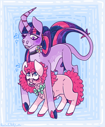 Size: 2208x2677 | Tagged: safe, artist:ruusukultakruunu, pinkie pie, twilight sparkle, pony, unicorn, g4, cloven hooves, coat markings, concave belly, countershading, duo, female, height difference, leonine tail, lesbian, mare, on top, physique difference, ship:twinkie, shipping, size difference, slender, socks (coat markings), standing over, tail, thin, unicorn twilight