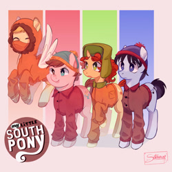 Size: 1280x1280 | Tagged: safe, artist:sotaiewe, earth pony, pegasus, pony, unicorn, 2023, abstract background, eric cartman, frown, group, heterochromia, horn, kenny mccormick, kyle broflovski, male, ponified, signature, smiling, south park, stan marsh