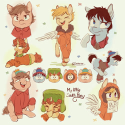 Size: 1280x1280 | Tagged: safe, artist:sotaiewe, pegasus, pony, unicorn, 2023, cute, drawing, eric cartman, frown, group, horn, kenny mccormick, kyle broflovski, male, ponified, signature, smiling, south park, stan marsh