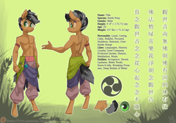 Size: 5000x3500 | Tagged: safe, artist:atryl, oc, oc only, oc:tida, earth pony, anthro, unguligrade anthro, absurd resolution, anthro oc, chinese, clothes, male, outline, pants, partial nudity, reference sheet, solo, tattoo, topless