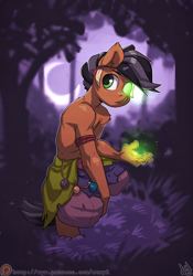 Size: 2800x4000 | Tagged: safe, artist:atryl, oc, oc only, oc:tida, earth pony, anthro, clothes, commission, crouching, forest, glowing, glowing eyes, glowing hands, high res, jungle, magic, male, moon, nature, partial nudity, patreon, patreon logo, solo, topless, tree