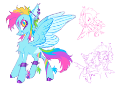Size: 2048x1436 | Tagged: safe, artist:webkinzworldz, fluttershy, rainbow dash, scootaloo, oc, oc:double rainbow (webkinzworldz), oc:meadowbrook (webkinzworldz), oc:scooter sprite, pegasus, pony, g4, alternate color palette, alternate design, alternate name, alternate universe, bags under eyes, chest fluff, coat markings, colored eyebrows, colored hooves, colored wings, colored wingtips, ear fluff, ear piercing, ear tufts, earring, eyelashes, female, industrial piercing, jewelry, long description, long tail, looking back, mare, multicolored eyes, multicolored hair, multicolored mane, multicolored tail, piercing, profile, rainbow hair, rainbow tail, shiny hooves, short mane, simple background, smiling, spiked wristband, spread wings, tail, triality, trio, trio female, two toned wings, white background, wingding eyes, wings, wristband