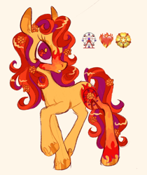 Size: 1284x1525 | Tagged: safe, artist:peaceandlove26, oc, oc only, oc:phoenix flicker, earth pony, ambiguous gender, big eyes, coat markings, colored eartips, colored pinnae, curly mane, curly tail, ear fluff, earth pony oc, emoji, eyelashes, eyeshadow, facial markings, flower, flower in hair, flower in tail, long mane, long tail, makeup, not sunset shimmer, open mouth, orange coat, purple eyes, raised hoof, shiny hooves, simple background, solo, standing, tail, unshorn fetlocks, wingding eyes, yellow background