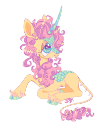 Size: 1502x1892 | Tagged: safe, artist:webkinzworldz, oc, oc only, kirin, ambiguous gender, big eyes, cloven hooves, colored hooves, colored pinnae, curly mane, curly tail, eyelashes, glowing, green eyes, horn, kirin oc, leonine tail, lidded eyes, long horn, looking up, lying down, not fluttershy, profile, prone, raised hoof, scales, shiny hooves, simple background, smiling, solo, striped horn, tail, transparent background, two toned mane, two toned tail, unshorn fetlocks, wingding eyes, yellow coat
