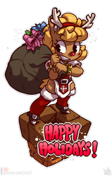 Size: 2512x3952 | Tagged: safe, artist:atryl, oc, oc only, oc:beach ball, earth pony, anthro, anthro oc, antlers, bag, chimney, christmas, clothes, female, happy holidays, high res, holiday, mare, red nose, santa sack, simple background, smiling, solo, transparent background