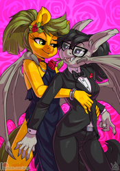 Size: 2800x4000 | Tagged: safe, artist:atryl, oc, oc only, oc:pepper slice, oc:titty sprinkles, bat pony, earth pony, anthro, abstract background, anthro oc, clothes, commission, crossdressing, dress, fangs, female, femboy, flower, flower in mouth, glasses, high res, male, mouth hold, oc x oc, rose, rose in mouth, shipping, straight, tuxedo