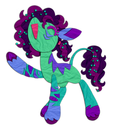 Size: 1772x2000 | Tagged: safe, artist:peaceandlove26, oc, oc only, oc:spectacle sparkle, zebra, coat markings, colored ears, colored eyelashes, colored hooves, colored pinnae, curly mane, curly tail, earth pony oc, eyes closed, facial markings, female, green coat, hair accessory, hoof heart, leonine tail, mare, open mouth, open smile, ponytail, purple mane, purple tail, raised hoof, simple background, smiling, socks (coat markings), solo, standing, striped, stripes, tail, tail accessory, tied mane, transparent background, two toned mane, two toned tail, underhoof, unshorn fetlocks, zebra oc