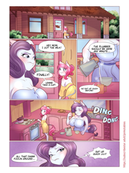Size: 1489x2000 | Tagged: safe, artist:pinkskycandy, oc, oc:lauren meadows, oc:lily meadows, earth pony, anthro, series:pink stables, big breasts, breasts, cleavage, clothes, coffee, coffee mug, comic, dialogue, dress, female, milf, morning ponies, mother and child, mother and daughter, mug, not rarity, off shoulder, sideboob, sleeveless, speech bubble