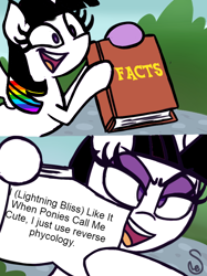 Size: 760x1015 | Tagged: safe, artist:quarium edits, oc, oc:lightning bliss, blatant lies, dark secret, editing mistake, exploitable meme, hypocrisy, hypocritical humor, image macro, lightning bliss' fact book, meme, misspelling, reverse phycology, twilight's fact book