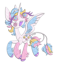 Size: 1420x1628 | Tagged: safe, artist:webkinzworldz, oc, oc only, oc:dreamie (webkinzworldz), alicorn, alicorn oc, ambiguous gender, big eyes, blushing, coat markings, colored eyelashes, colored hooves, colored pinnae, colored wings, dots, double tail, fangs, horn, leg fluff, leonine tail, long horn, long legs, looking up, multicolored eyes, multicolored mane, multicolored tail, multiple tails, open mouth, open smile, sharp teeth, shiny hooves, simple background, smiling, socks (coat markings), solo, spread wings, tail, teeth, transparent background, two toned wings, wingding eyes, wings