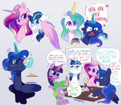 Size: 2300x2000 | Tagged: safe, artist:bishopony, princess cadance, princess celestia, princess luna, shining armor, spike, twilight sparkle, alicorn, dragon, pony, unicorn, gamer luna, g4, alternate hairstyle, blame my sister, blush scribble, blushing, bust, clothes, coffee mug, controller, cross-popping veins, dialogue, drink, drinking, dungeons and dragons, emanata, eye clipping through hair, eyes closed, female, floppy ears, freckles, gamer celestia, glowing, glowing horn, gradient background, grin, group, hair bun, high res, horn, hug, looking at each other, looking at someone, male, mare, mug, pen and paper rpg, rpg, ship:shiningcadance, shipping, shirt, signature, smiling, sparkles, speech bubble, stallion, straight, sunrise, tabletop game, twilight sparkle (alicorn), wholesome, winged spike, winghug, wings, yelling