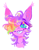 Size: 947x1224 | Tagged: safe, artist:peaceandlove26, oc, oc only, oc:cosmic dawn (webkinzworldz), bat pony, pony, bags under eyes, bat pony oc, big ears, blue eyes, bust, colored pinnae, ear tufts, eye clipping through hair, eyelashes, front view, hair over one eye, lidded eyes, long mane, long mane male, male, multicolored mane, pink coat, purple mane, sharp teeth, shiny mane, simple background, smiling, solo, teeth, toothy grin, white background, wingding eyes